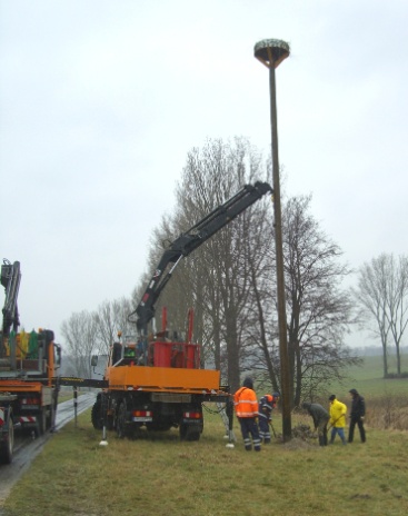 Aufbau des Storchennestes mit schwerem Gerät